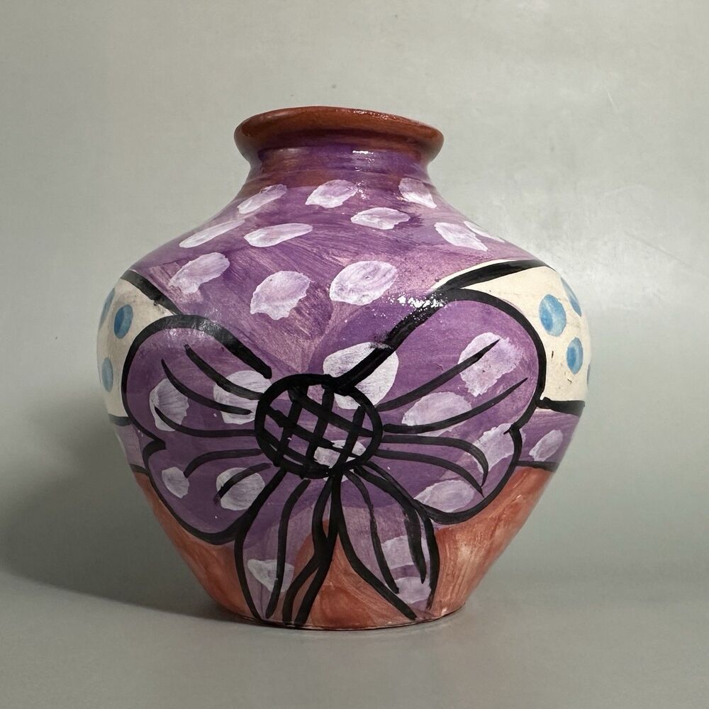 Vintage Mexican Talavera Style Hand Painted Pottery Floral Bud Vase Folk Art 4”
